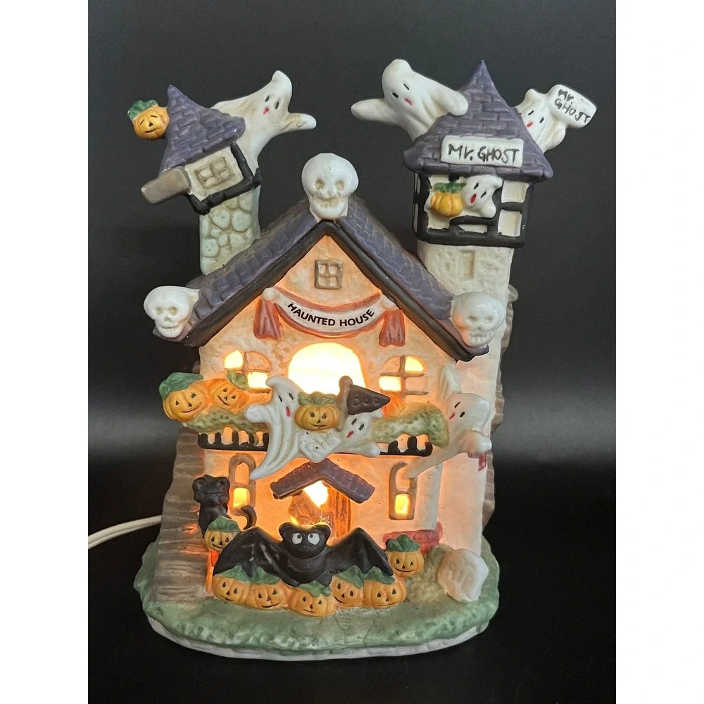 Vtg Light Up Ceramic Haunted House Halloween Ghost Pumpkin Bat Decor 7